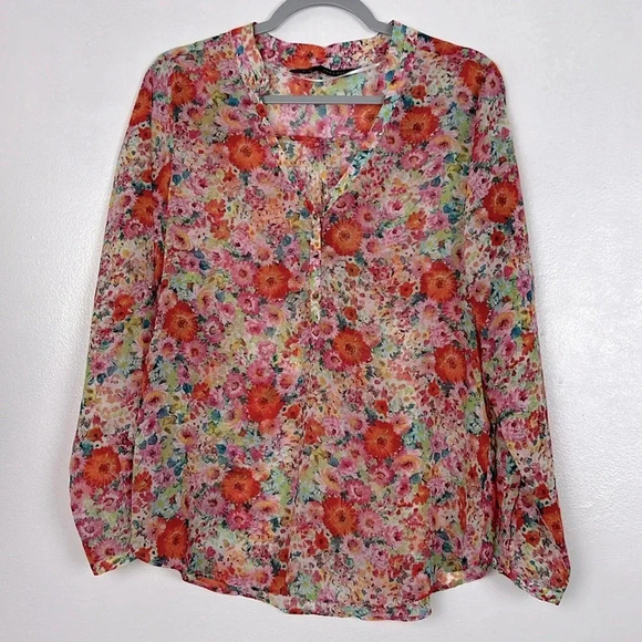 Zara Basic Women’s L Semi-sheer Foral Roll-up Tab Long Sleeve Lightweight Top - Picture 1 of 6